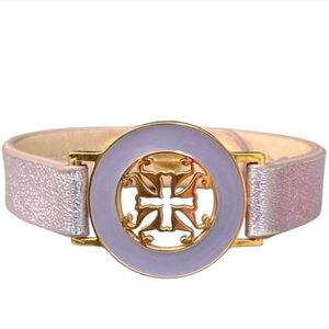 Rustic Cuff Gold tone Medallion Lilac-Lavender Leather Bracelet